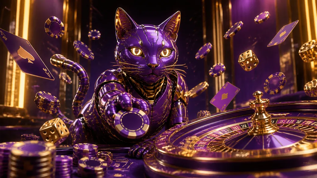 Futuristic casino banner featuring neon-lit robotic cat elements with poker chips and playing cards.