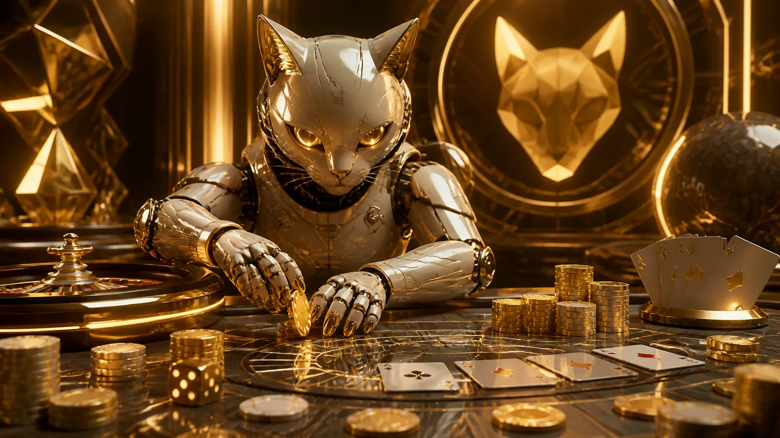 Futuristic cyber-themed casino banner featuring glowing poker chips, neon cards, and a robotic cat with dynamic neon lights.